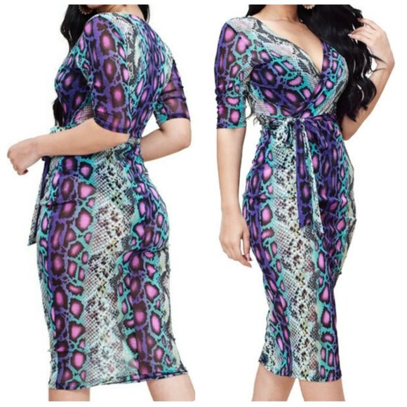 Elosie Lime Green Black Animal Print Sheer Vneck Midi Dress - Picture 4 of 4